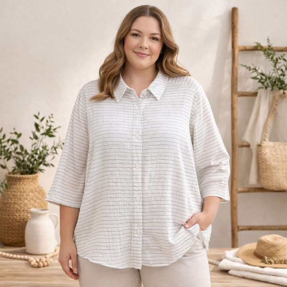 Bellissima Gauze Cotton Button Front Shirt | Blue White Stripe | Size 16